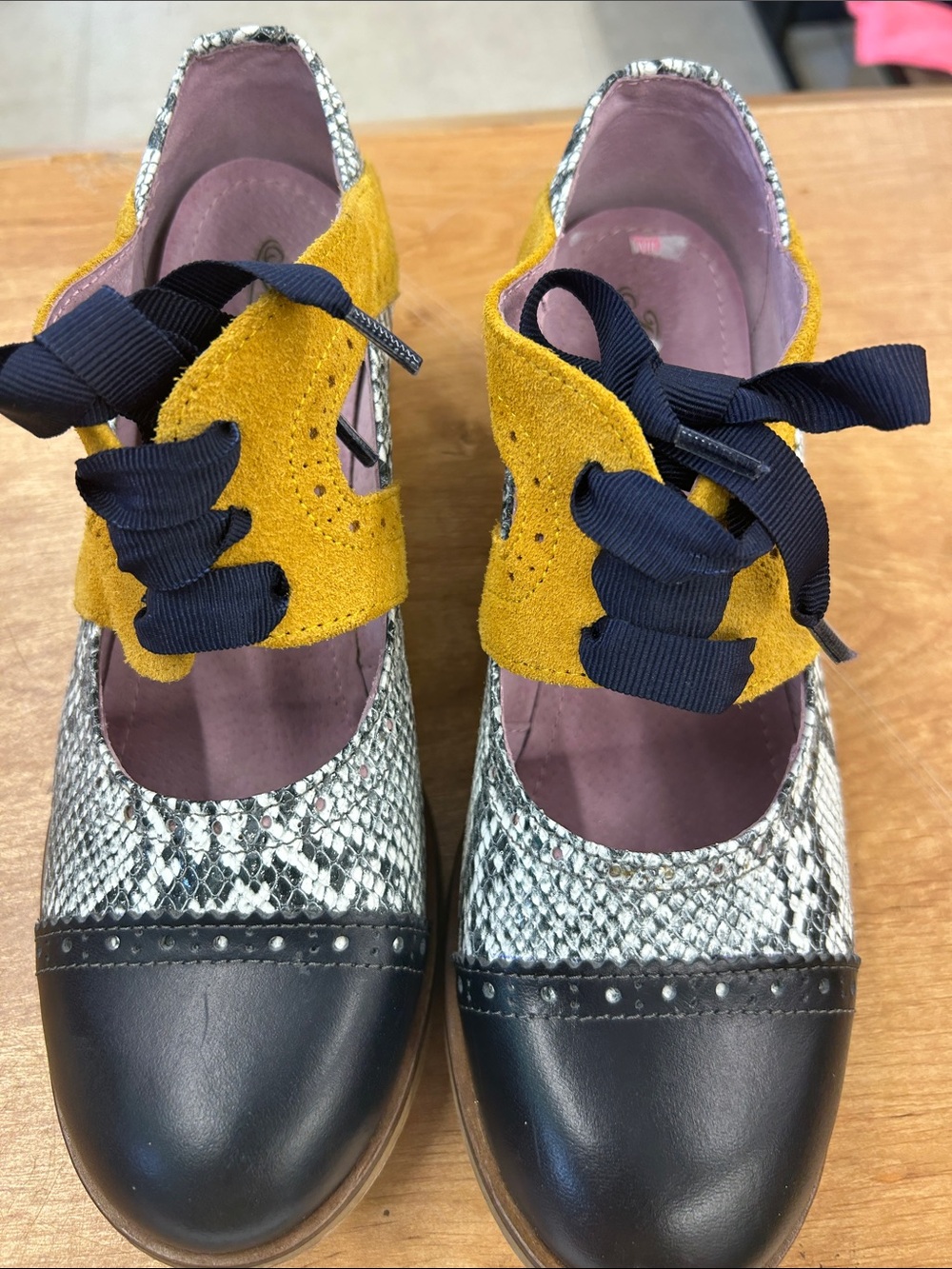 Bed of Roses Mixed-Material Mary Jane Shoes with Mustard Suede Accent